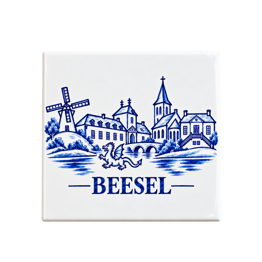 Tegeltje ‘Beesel’ – 15 × 15 cm, incl. houten standaard – vrijstaand