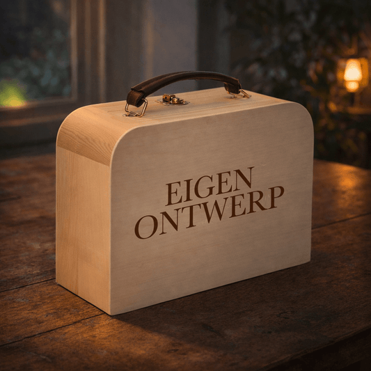 Houten koffertje met leren handvat 20 × 14 × 7 cm - De Knutselier