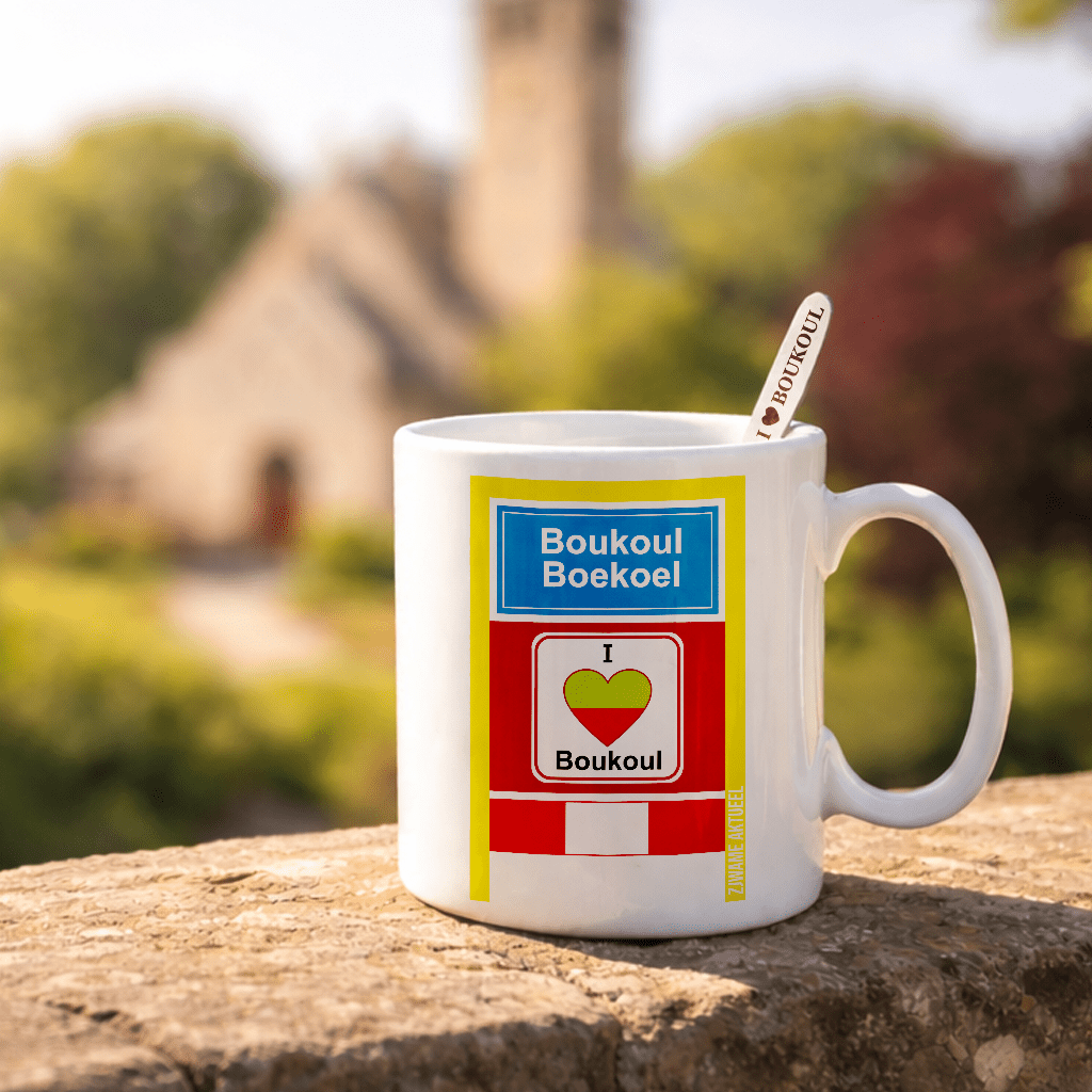 Mok incl. lepel met straatnaambord – Boukoul - De Knutselier