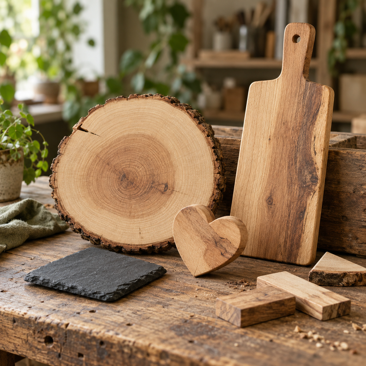 Een verzameling unieke houten en leistenen buitenkansjes op een warme werkbank