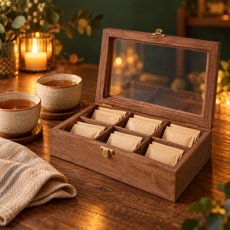 Open houten theedoos, kopjes thee en warm kaarslicht