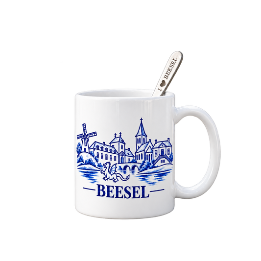 Mok ‘Beesel’ – 330 ml, incl. lepel en doosje – vrijstaand op transparante achtergrond