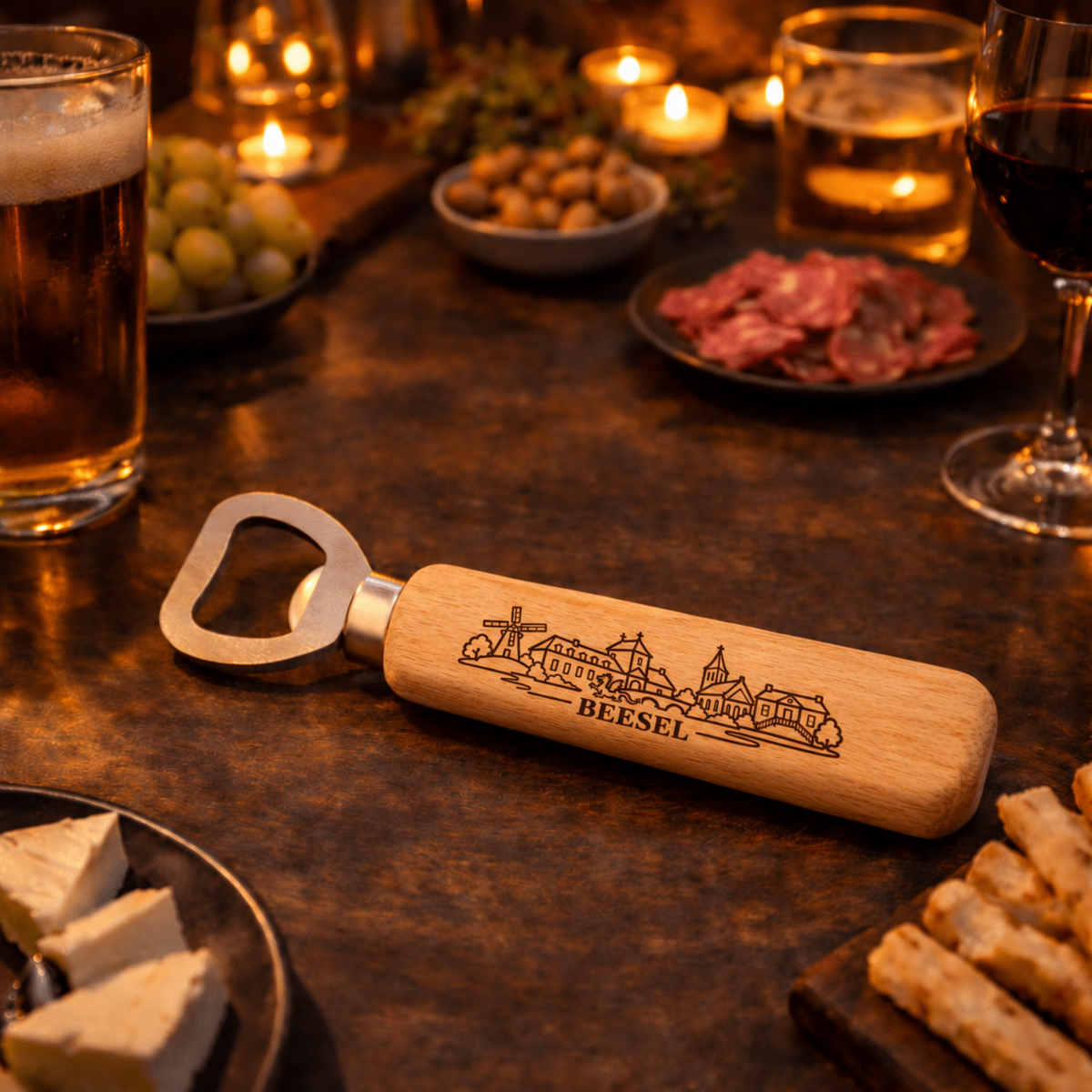 Houten flesopener ‘Beesel’ – met dorpsgezicht – sfeerfoto