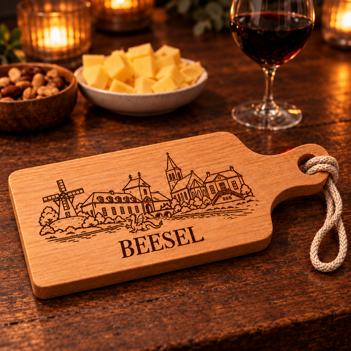 Borrelplank ‘Beesel’ – beukenhout 35 × 14 cm – sfeerfoto