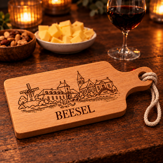 Borrelplank ‘Beesel’ – beukenhout 35 × 14 cm – sfeerfoto