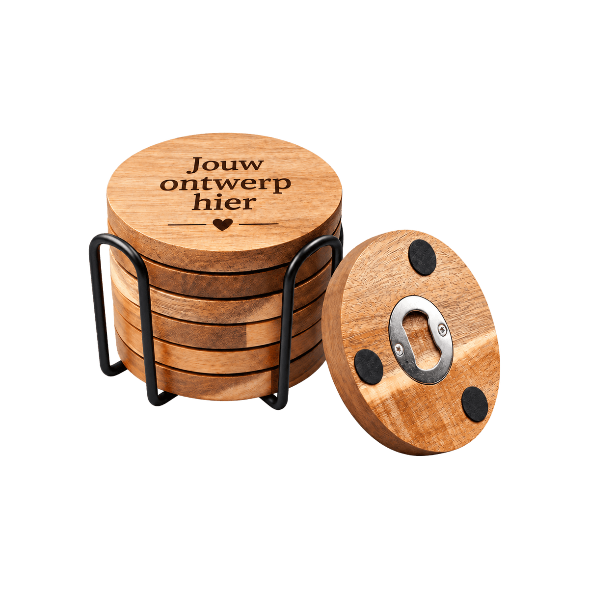 Gepersonaliseerde houten onderzetters met flesopener en houder – set van 6, Ø 10 cm - De Knutselier