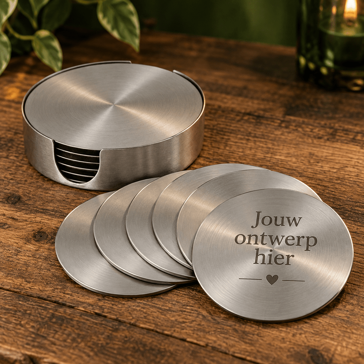 Gepersonaliseerde RVS onderzetters met houder – set van 6, Ø 10 cm - De Knutselier