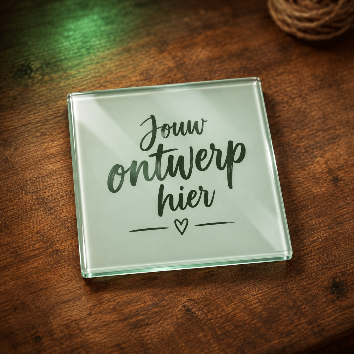 Glazen onderzetter 10 x 10 cm met voorbeeldbedrukking Jouw ontwerp hier