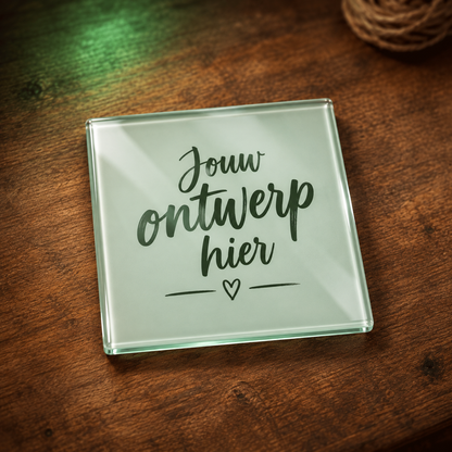 Glazen onderzetter 10 x 10 cm met voorbeeldbedrukking Jouw ontwerp hier