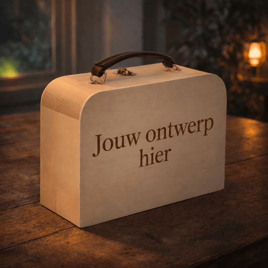 Houten koffertje met leren handvat 20 × 14 × 7 cm - De Knutselier