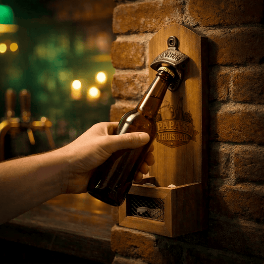 Houten muur - flesopener met opvangbak - De Knutselier