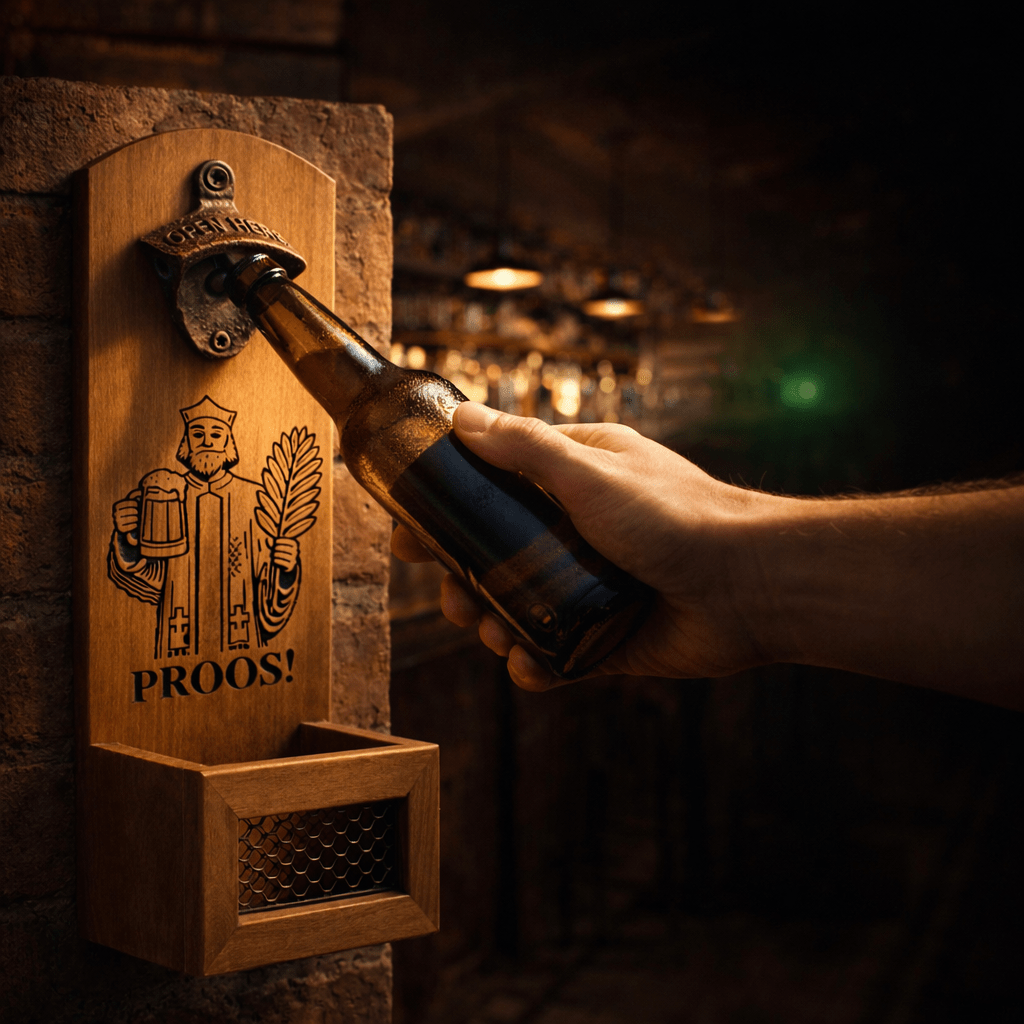 Houten muur - flesopener ‘Nepomuk – Proos’ - De Knutselier