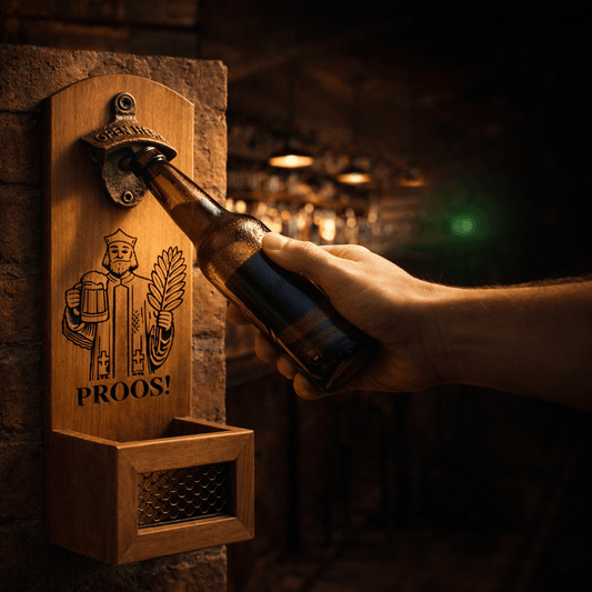 Houten muur - flesopener ‘Nepomuk – Proos’ - De Knutselier