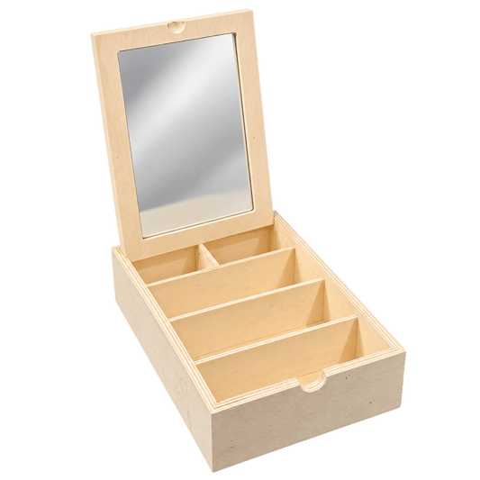 Houten sieradendoosje met spiegel 25 × 17 × 6 cm – Buitenkansje - De Knutselier