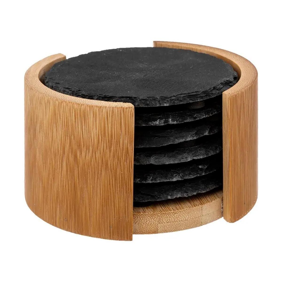 Leistenen onderzetters met houten houder – set van 6, Ø 10 cm - De Knutselier