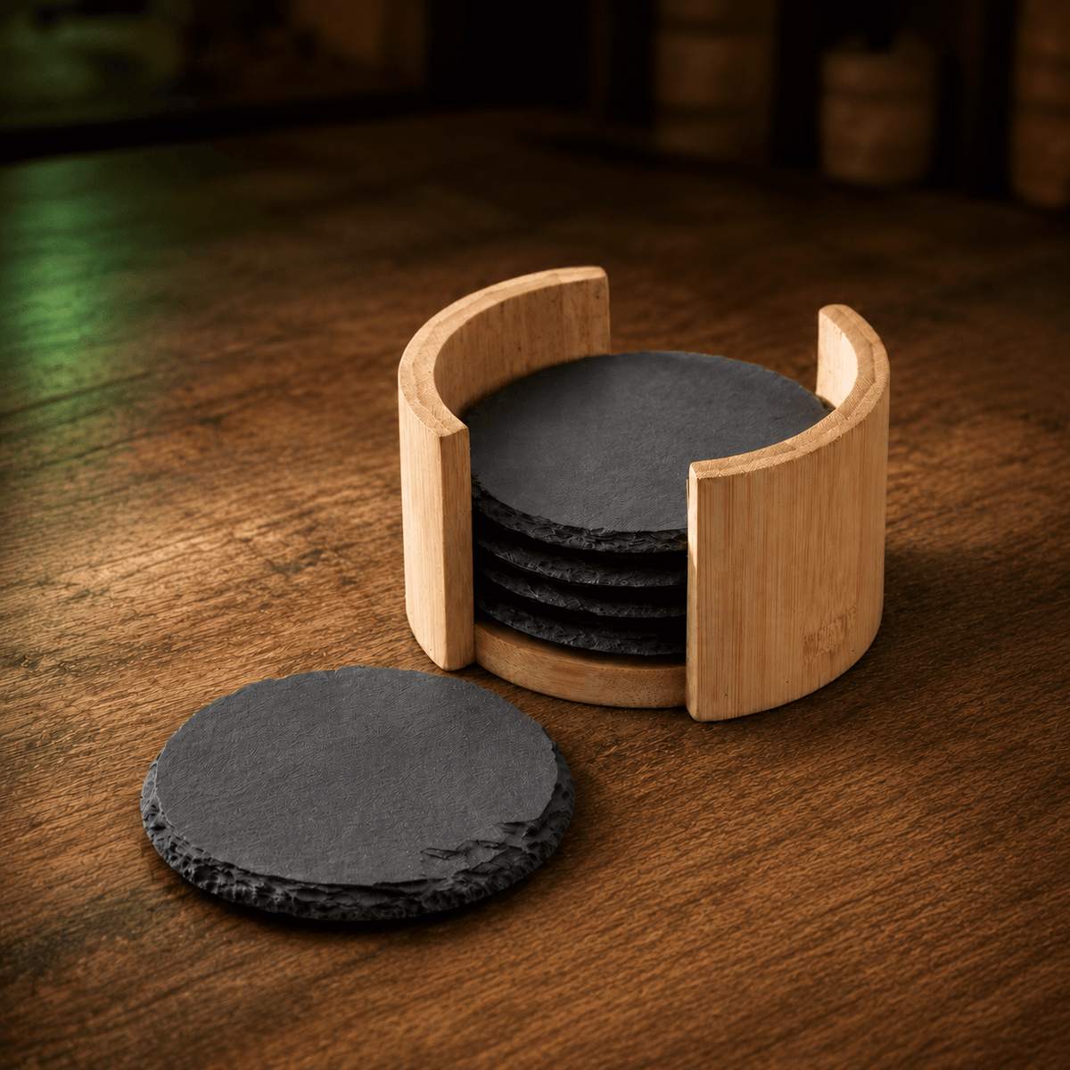Leistenen onderzetters met houten houder – set van 6, Ø 10 cm - De Knutselier