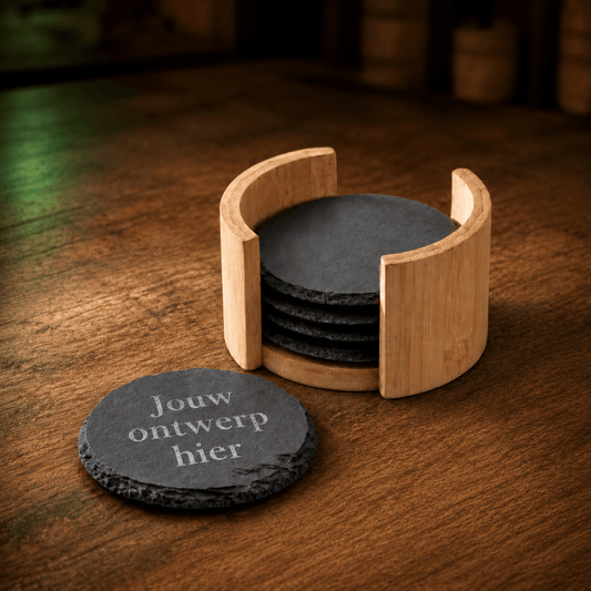Leistenen onderzetters met houten houder – set van 6, Ø 10 cm - De Knutselier