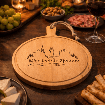 Plank ‘Mien leefste Zjwame’ – ronde borrelplank Ø 30 cm - De Knutselier