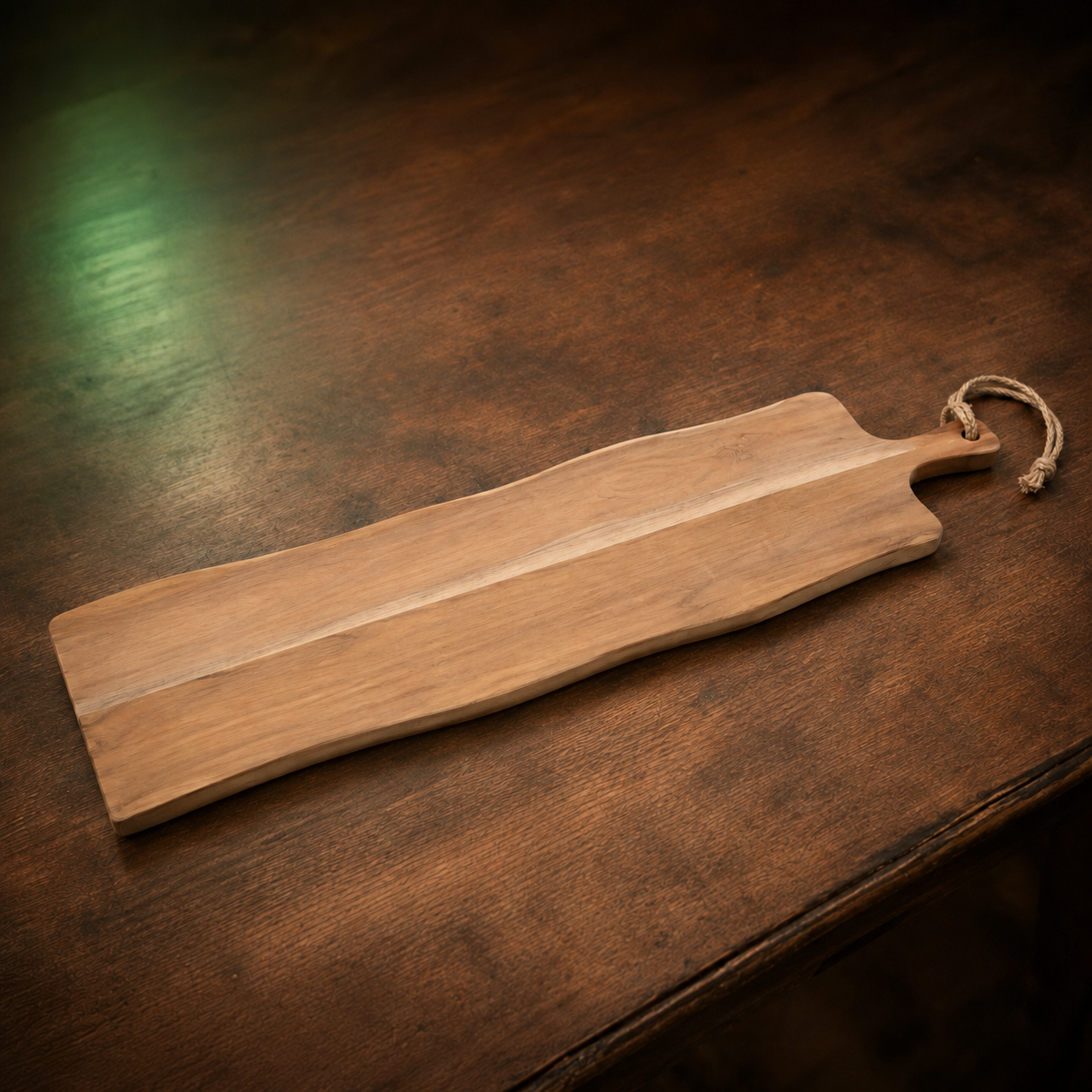 Plank Timooh op een houten tafel met groene lichtspot