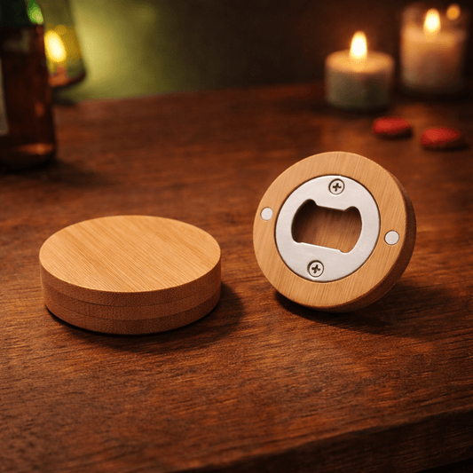 Ronde bamboe flessenopener met magneet – Ø 6,5 cm | 12 mm dik - De Knutselier
