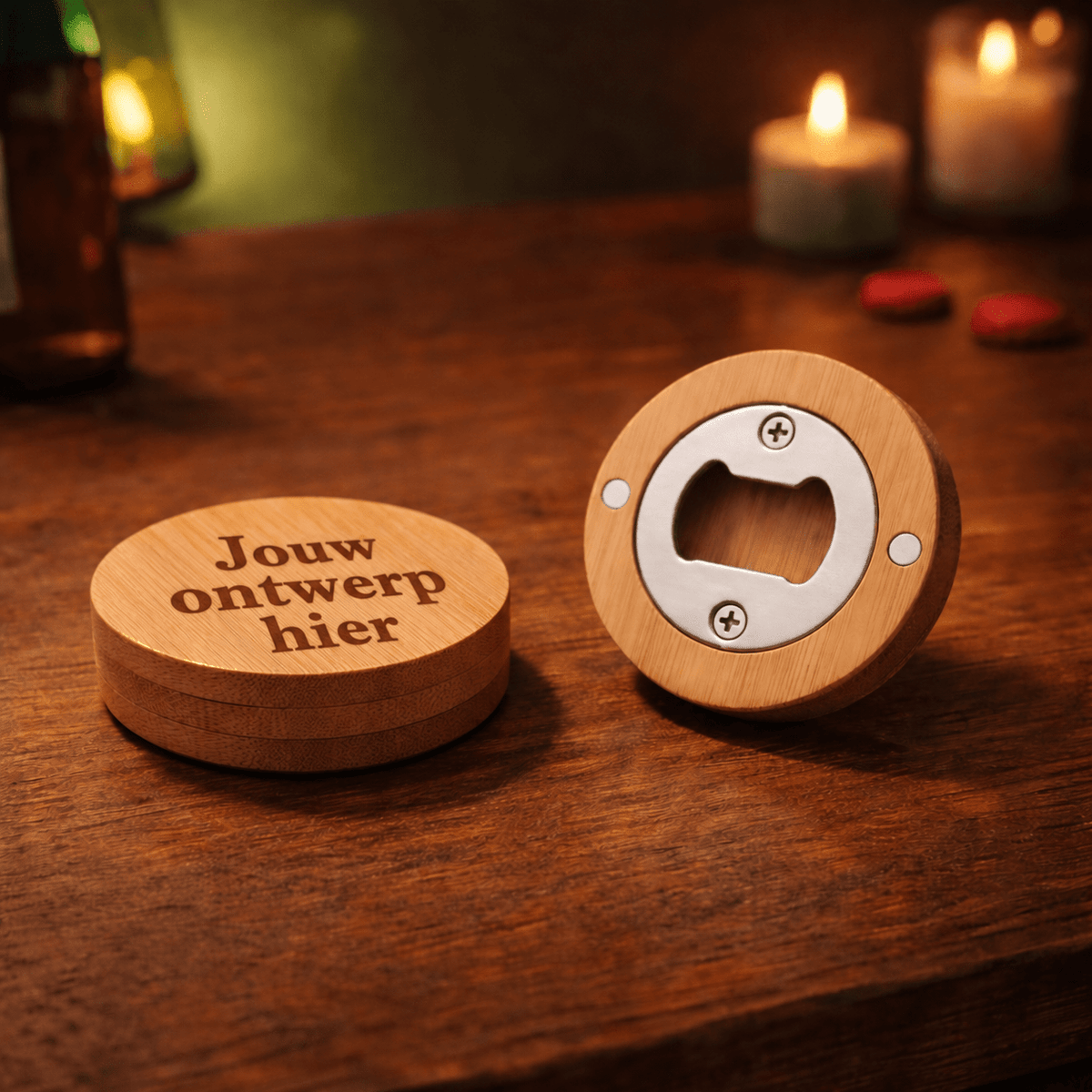 Ronde bamboe flessenopener met magneet – Ø 6,5 cm | 12 mm dik - De Knutselier