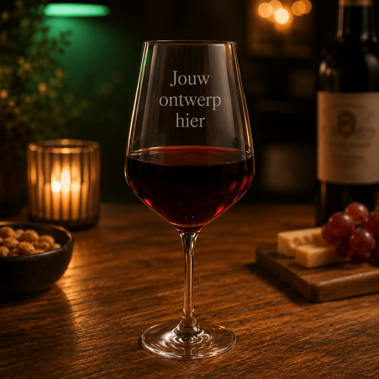 Rood wijnglas 530 ml met voorbeeldgravering Jouw ontwerp hier