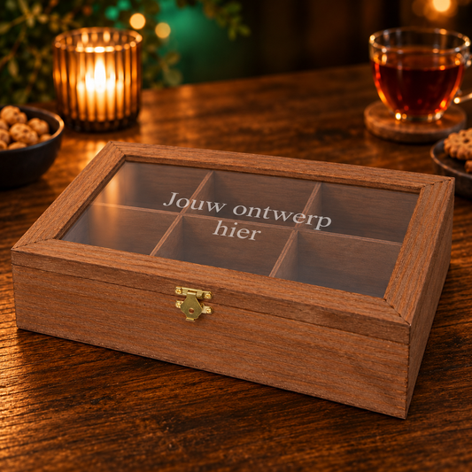 Bruine theedoos met zes vakken en persoonlijke gravure op het glazen deksel, op een warme houten tafel